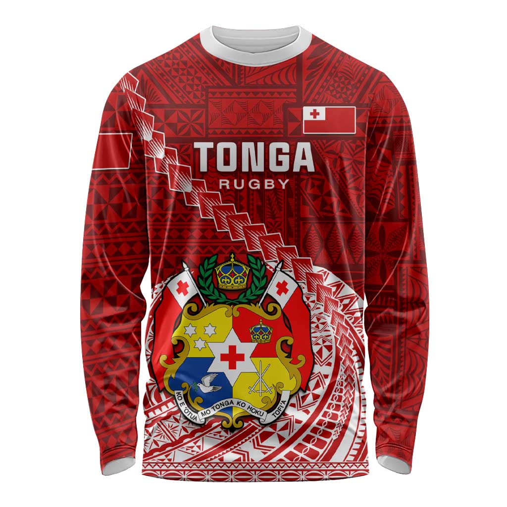 Custom Tonga Rugby Long Sleeve Shirt Tongan Ngatu Pattern White Version LT01 Unisex Red - Polynesian Pride