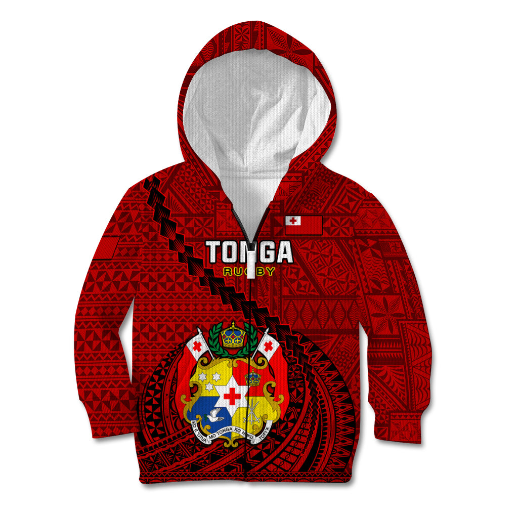 Tonga Rugby Kid Hoodie Tongan Ngatu Pattern Black Version LT01 Zip Hoodie Red - Polynesian Pride