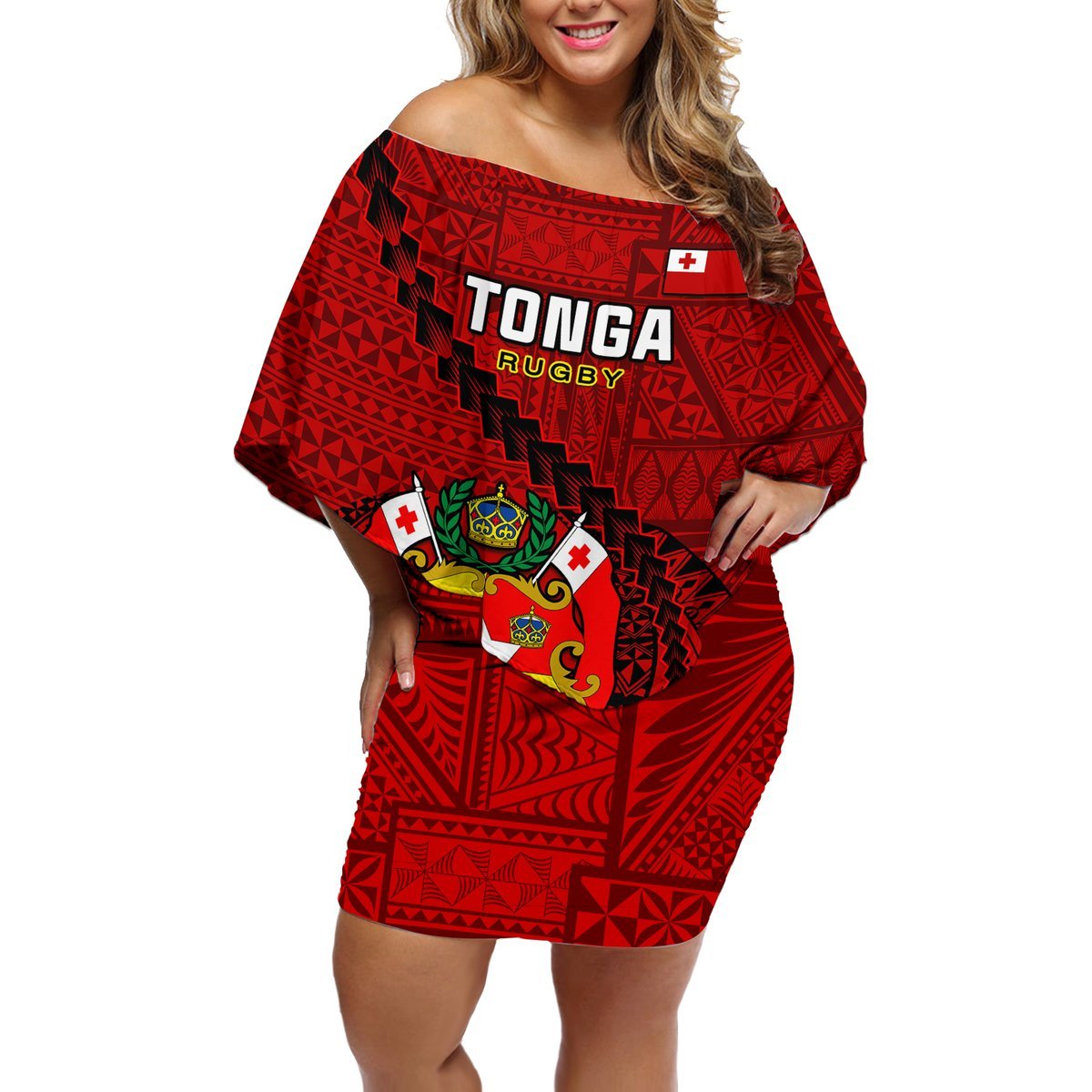 Tonga Rugby Off Shoulder Short Dress Tongan Ngatu Pattern Black Version LT01 Women Red - Polynesian Pride
