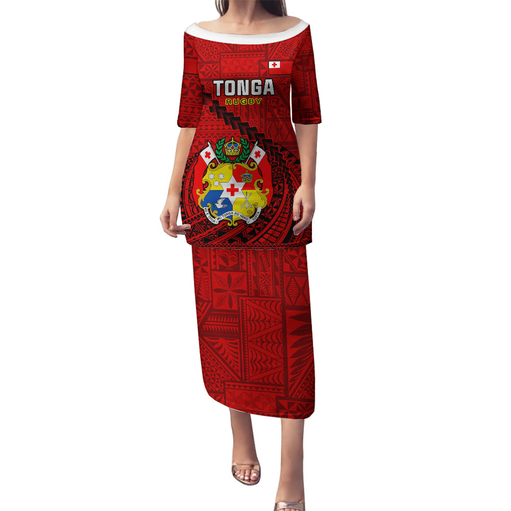 Tonga Rugby Puletasi Tongan Ngatu Pattern Black Version LT01 Long Dress Red - Polynesian Pride