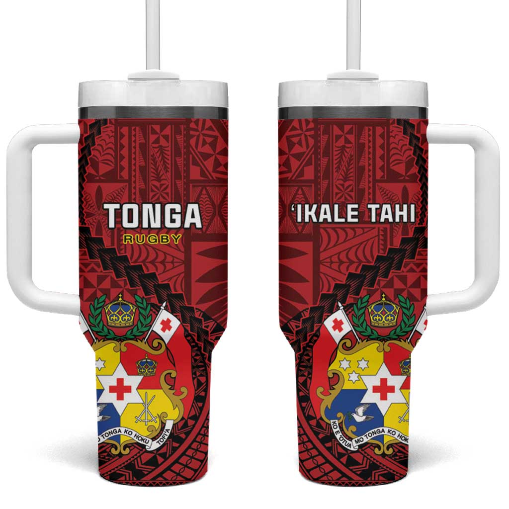 Tonga Rugby Tumbler With Handle Tongan Ngatu Pattern Black Version LT01 One Size: 40 oz Red - Polynesian Pride