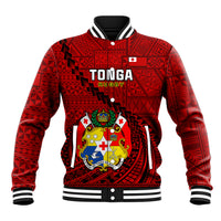 Custom Tonga Rugby Baseball Jacket Tongan Ngatu Pattern Black Version LT01 Unisex Red - Polynesian Pride