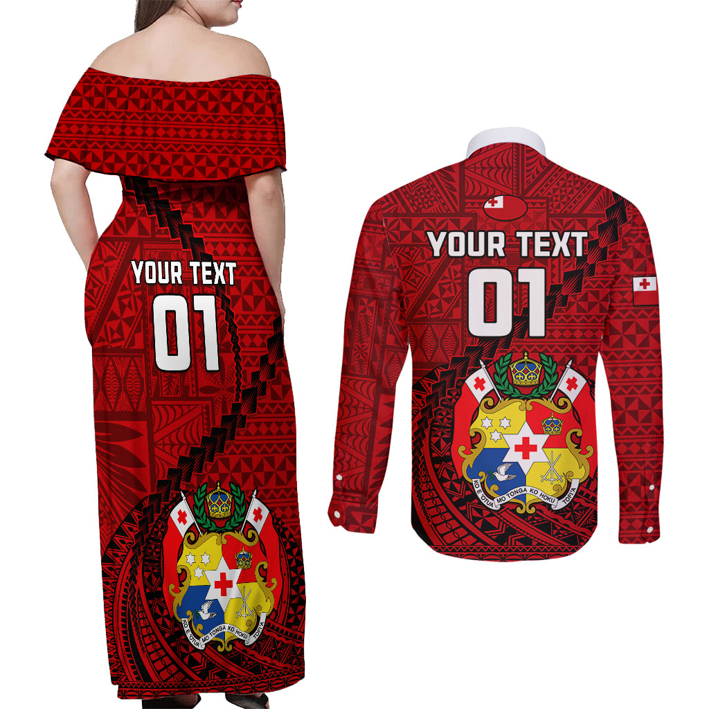 Custom Tonga Rugby Couples Matching Off Shoulder Maxi Dress and Long Sleeve Button Shirts Tongan Ngatu Pattern Black Version LT01 - Polynesian Pride