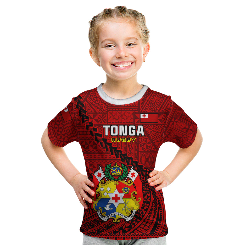 Custom Tonga Rugby Kid T Shirt Tongan Ngatu Pattern Black Version LT01 Red - Polynesian Pride