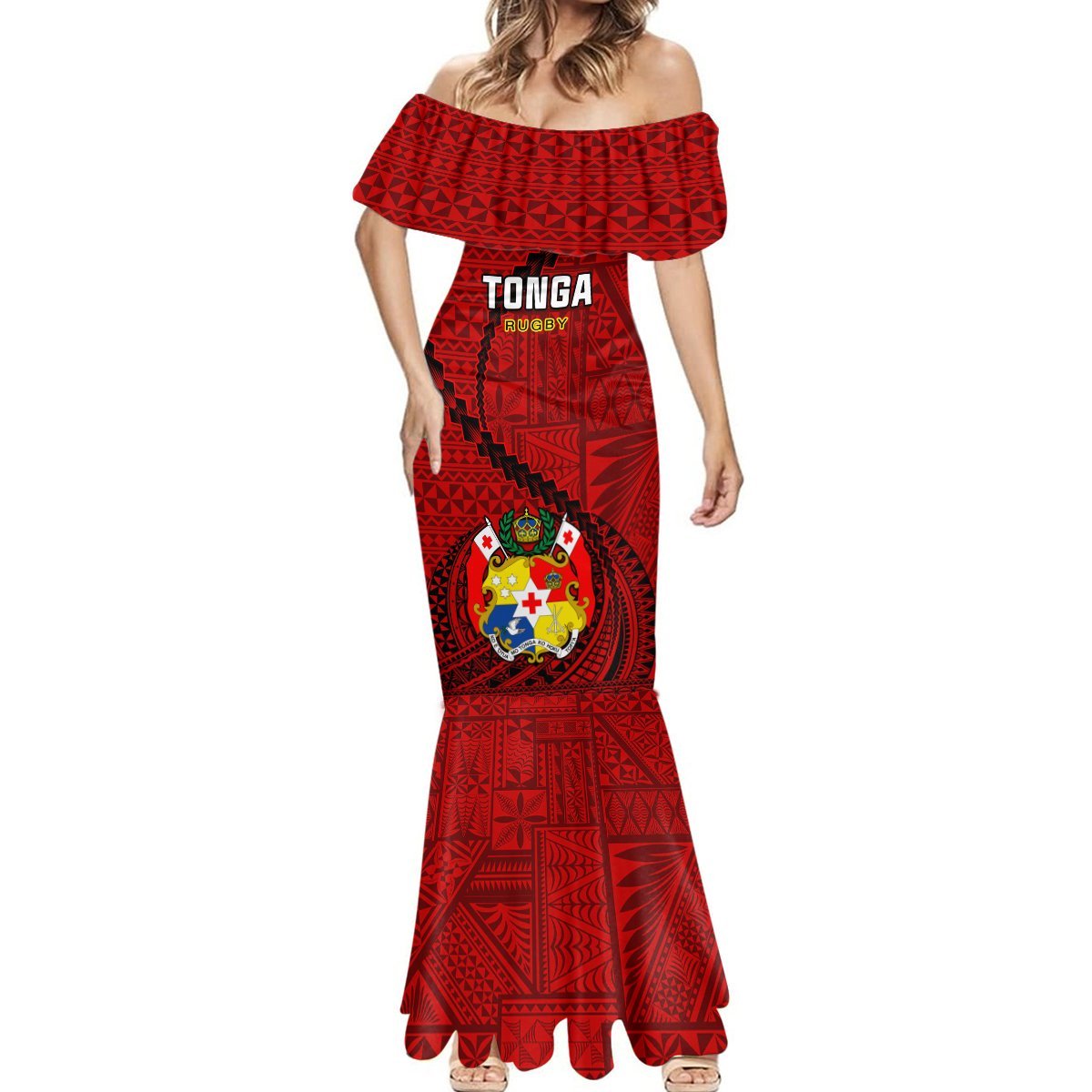 Custom Tonga Rugby Mermaid Dress Tongan Ngatu Pattern Black Version LT01 - Polynesian Pride
