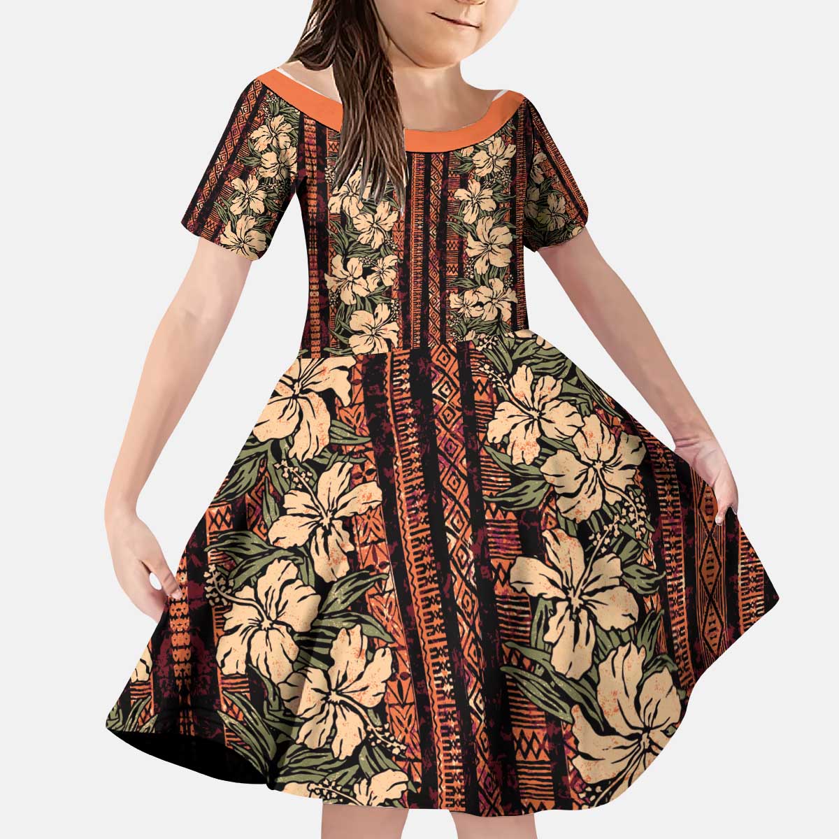 Hawaii Hibiscus Kid Short Sleeve Dress Retro Style LT01 KID Brown - Polynesian Pride
