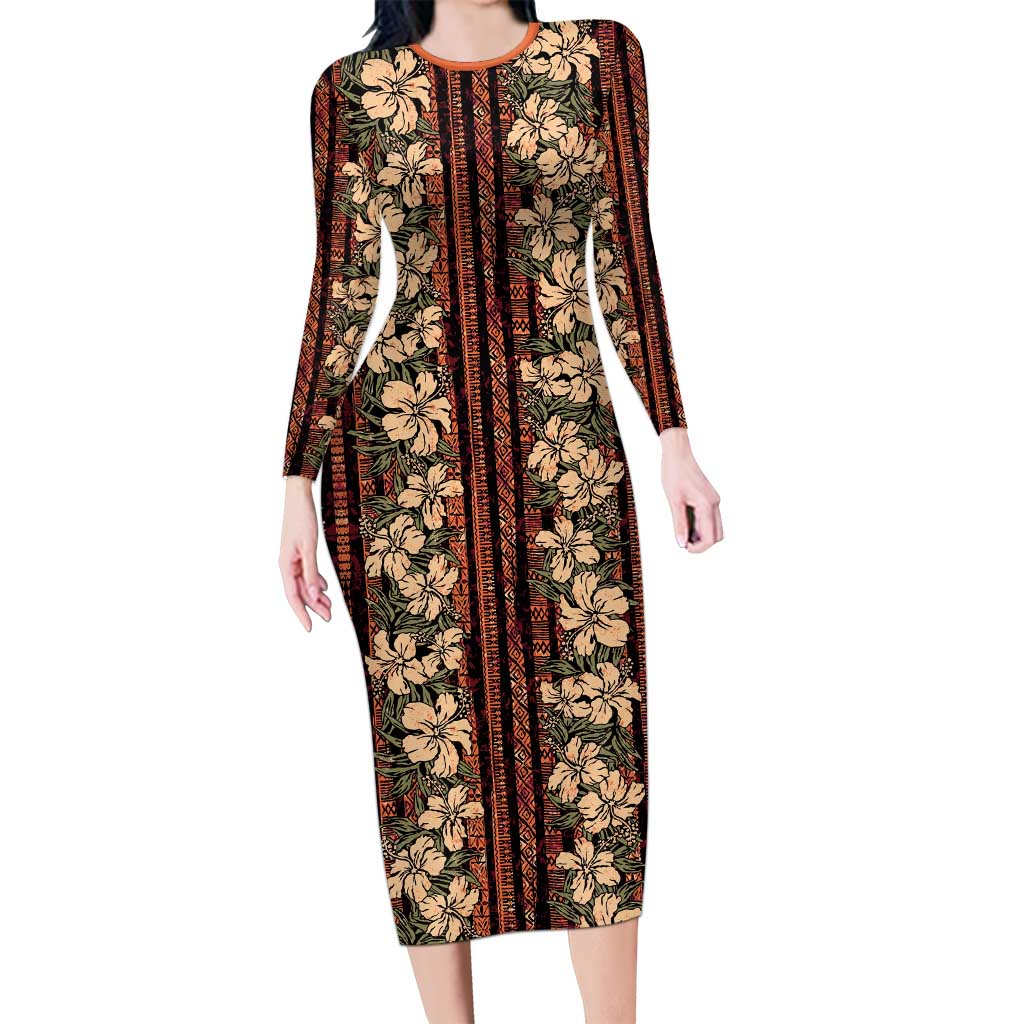 Hawaii Hibiscus Long Sleeve Bodycon Dress Retro Style LT01 Long Dress Brown - Polynesian Pride