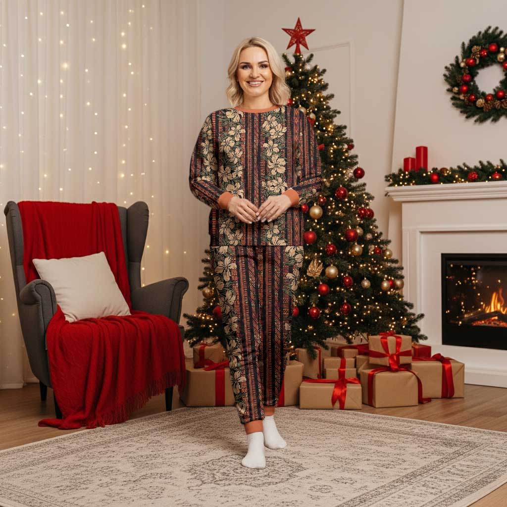 Hawaii Hibiscus Christmas Pajama Set Retro Style LT01 Women Brown - Polynesian Pride