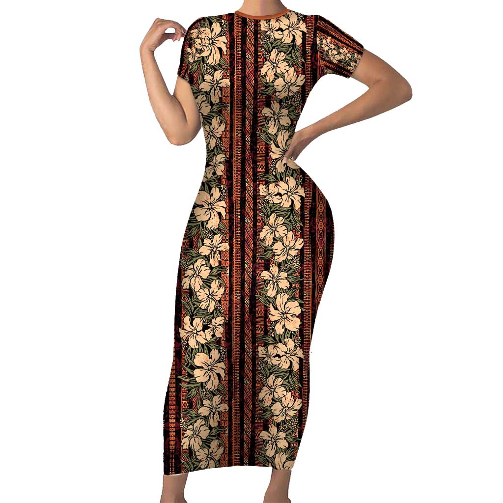 Hawaii Hibiscus Short Sleeve Bodycon Dress Retro Style LT01 Long Dress Brown - Polynesian Pride