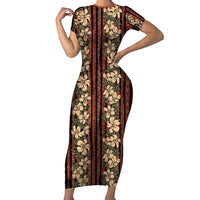 Hawaii Hibiscus Short Sleeve Bodycon Dress Retro Style LT01 Long Dress Brown - Polynesian Pride