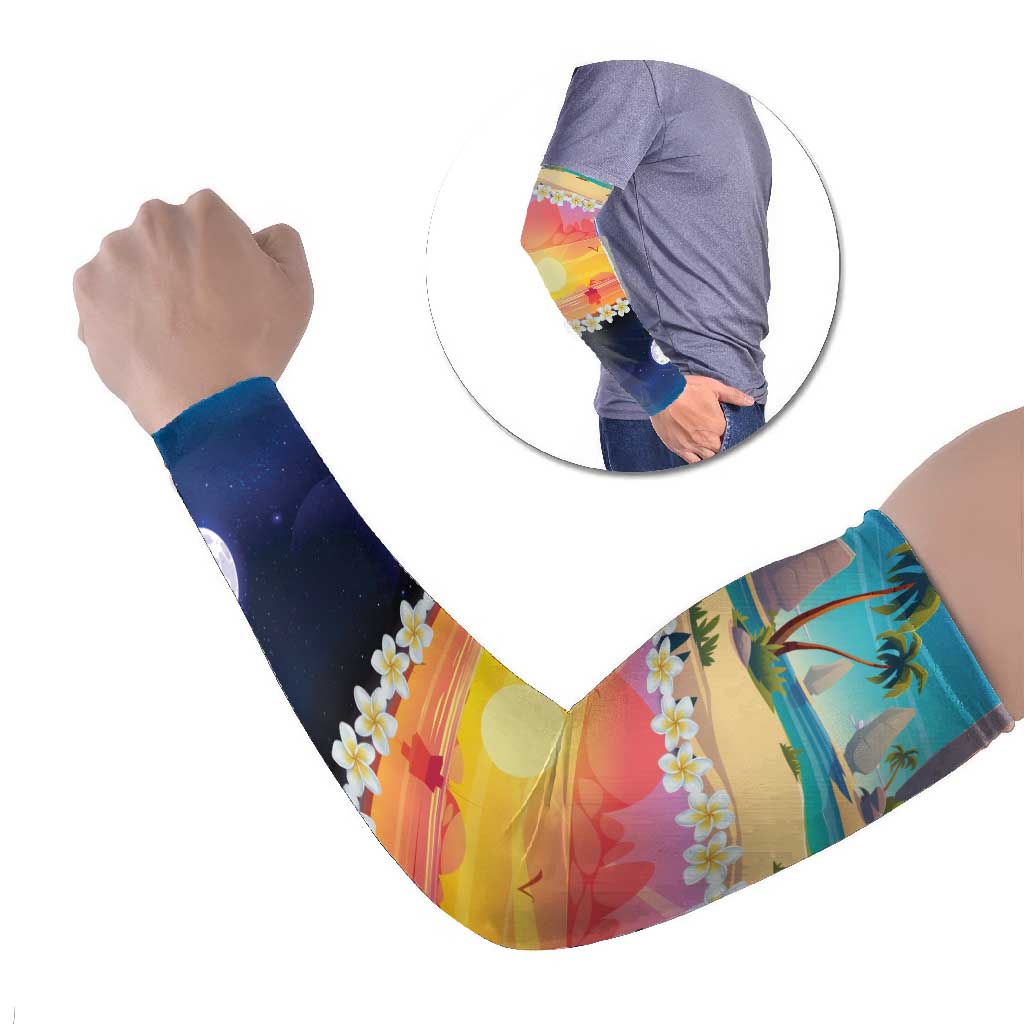 Hawaii Beach Landscape Time-Lapse Arm Sleeves Tropical Plumeria Flowers LT01 Set of 2 Multicolor - Polynesian Pride