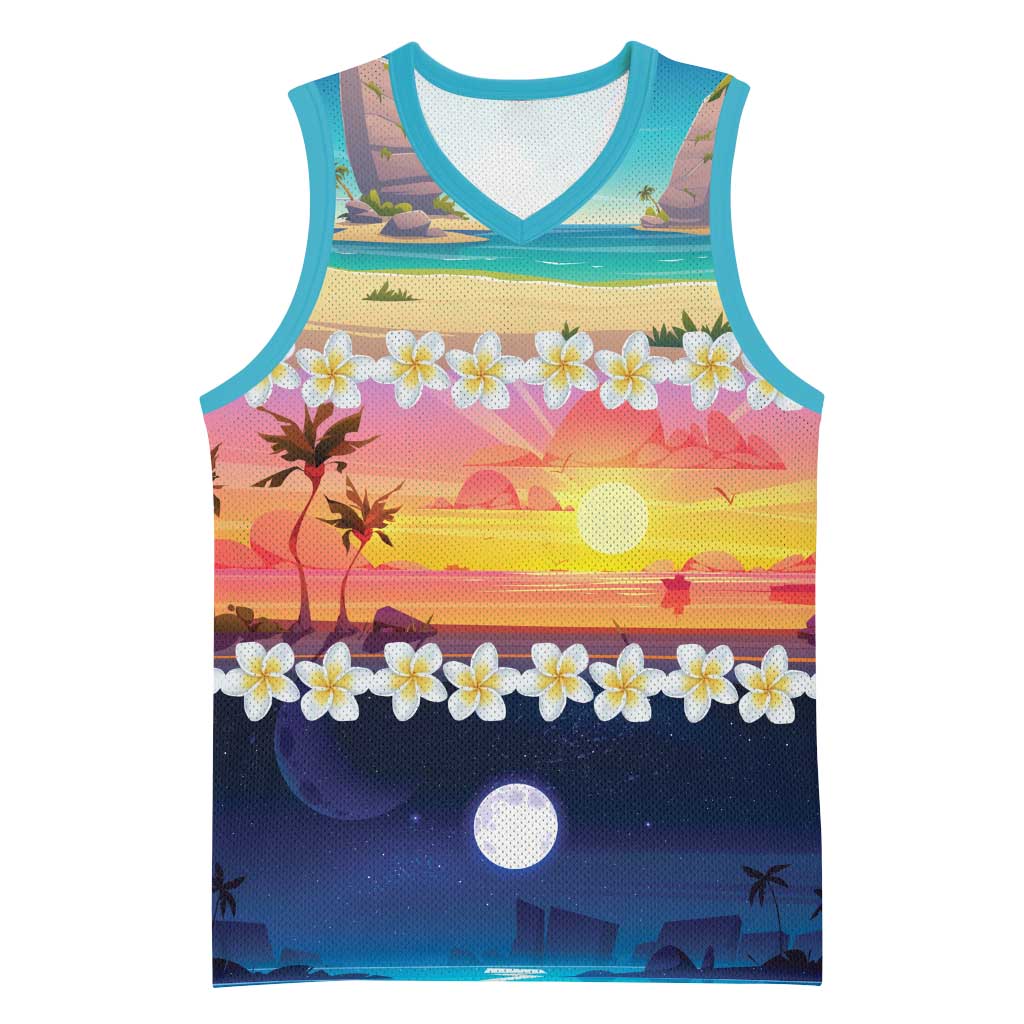 Hawaii Beach Landscape Time-Lapse Basketball Jersey Tropical Plumeria Flowers LT01 Unisex Multicolor - Polynesian Pride