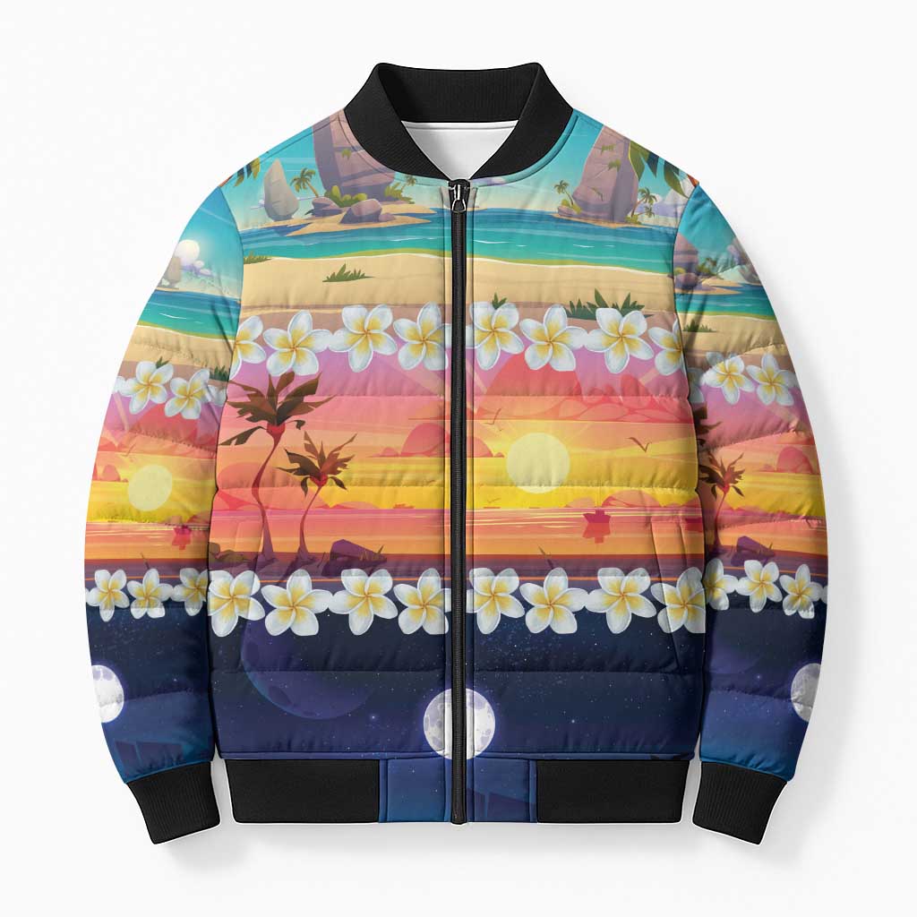 Hawaii Beach Landscape Time-Lapse Bomber Puffer Jacket Tropical Plumeria Flowers LT01 Unisex Multicolor - Polynesian Pride