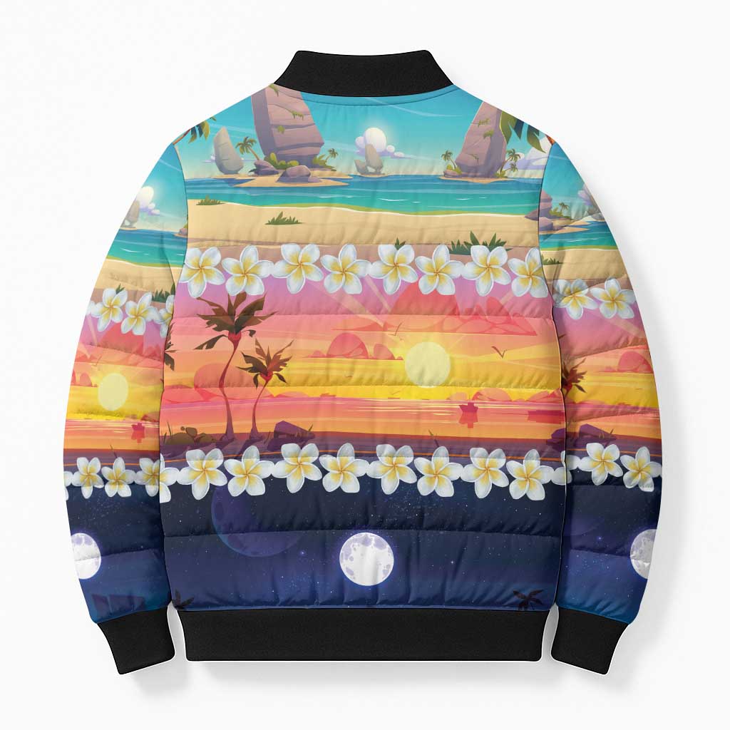 Hawaii Beach Landscape Time-Lapse Bomber Puffer Jacket Tropical Plumeria Flowers LT01 - Polynesian Pride