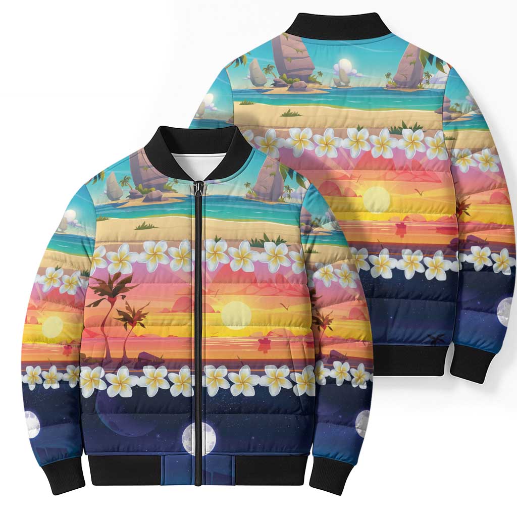 Hawaii Beach Landscape Time-Lapse Bomber Puffer Jacket Tropical Plumeria Flowers LT01 - Polynesian Pride
