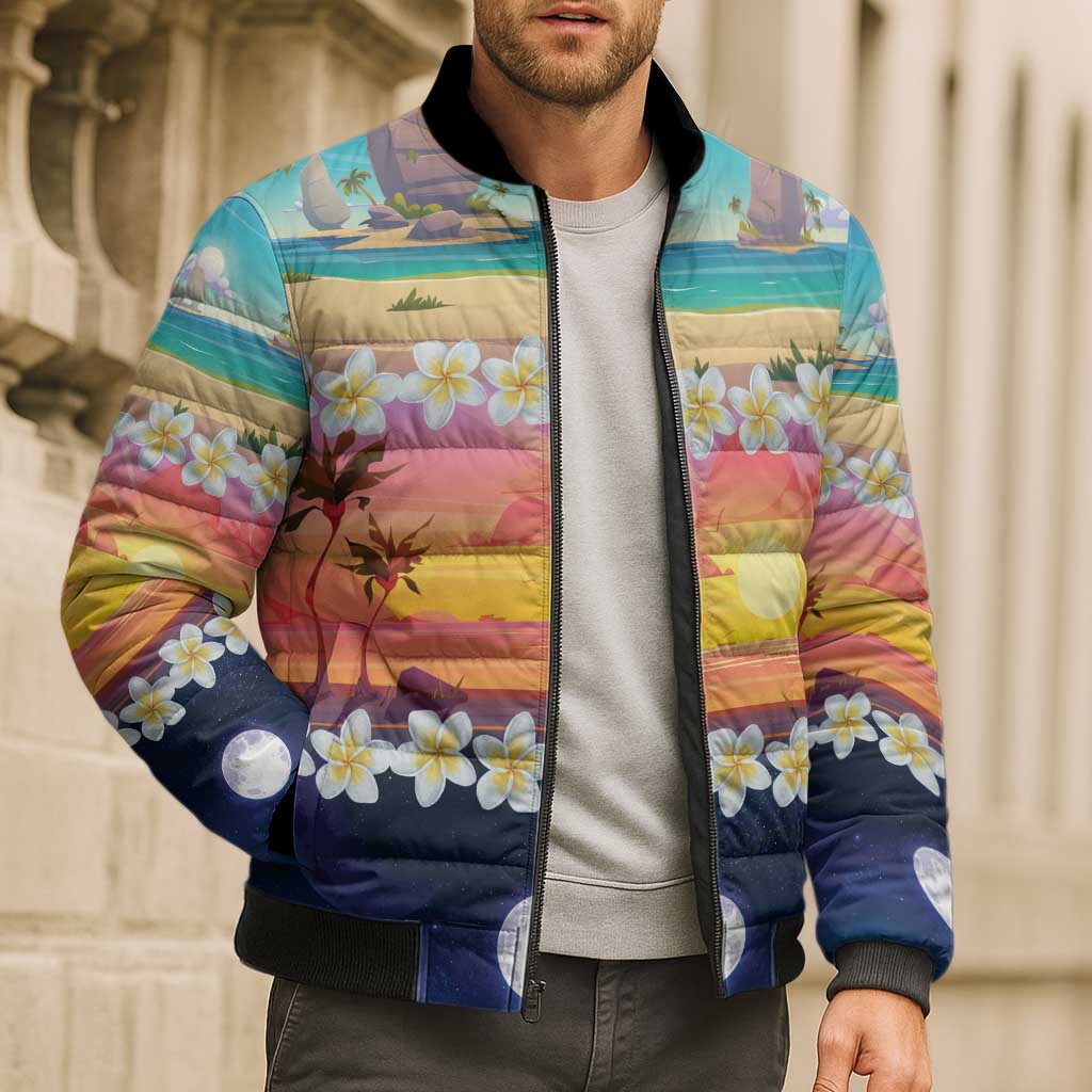 Hawaii Beach Landscape Time-Lapse Bomber Puffer Jacket Tropical Plumeria Flowers LT01 - Polynesian Pride