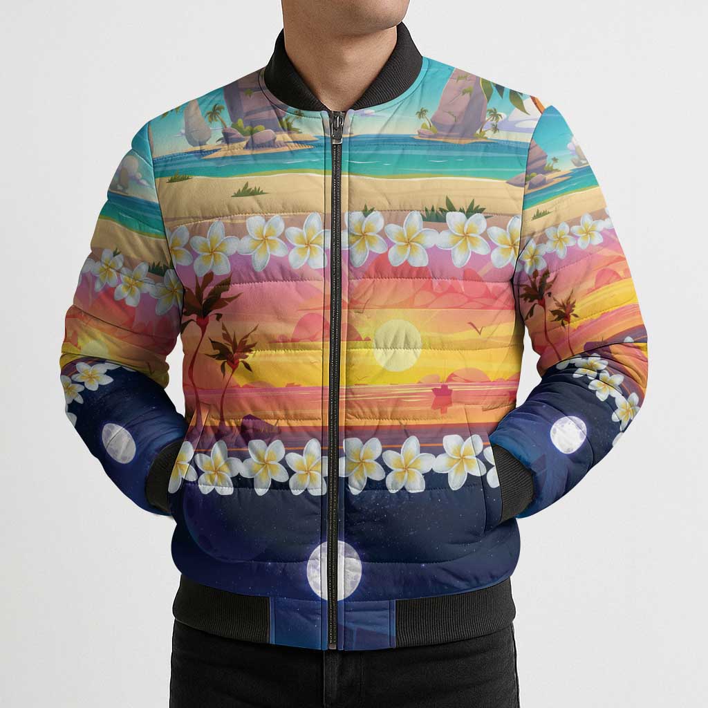 Hawaii Beach Landscape Time-Lapse Bomber Puffer Jacket Tropical Plumeria Flowers LT01 - Polynesian Pride