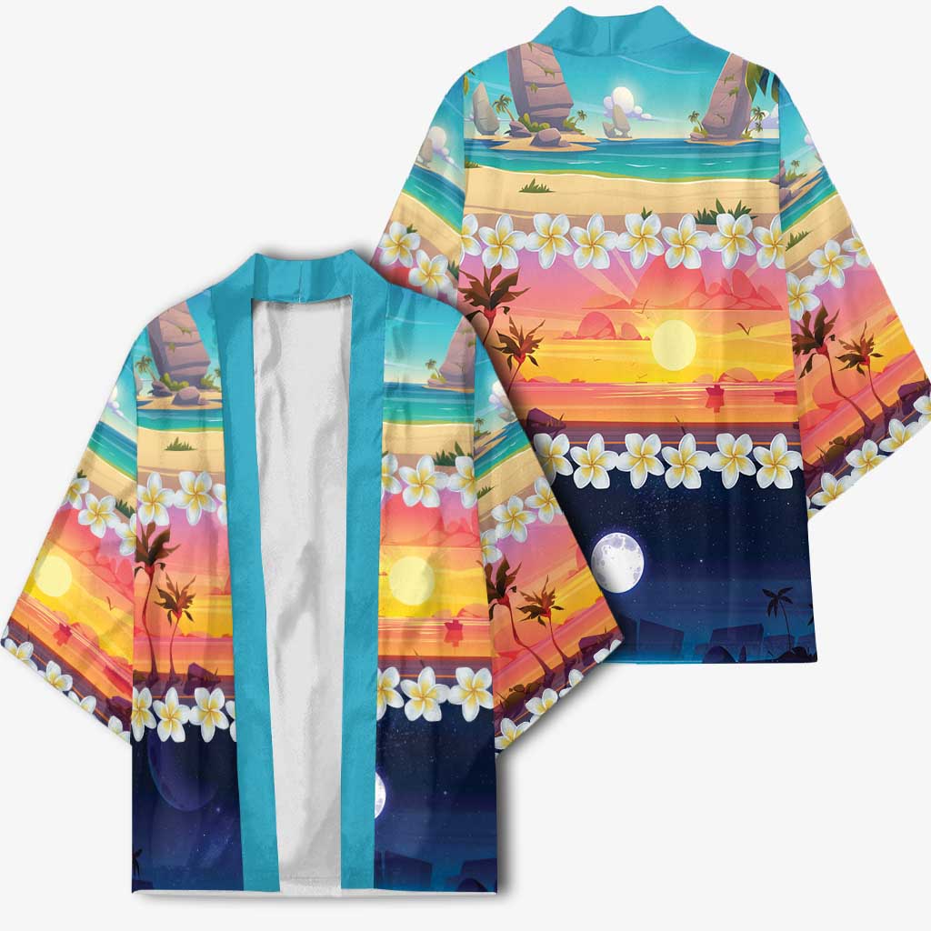 Hawaii Beach Landscape Time-Lapse Kimono Tropical Plumeria Flowers LT01 - Polynesian Pride