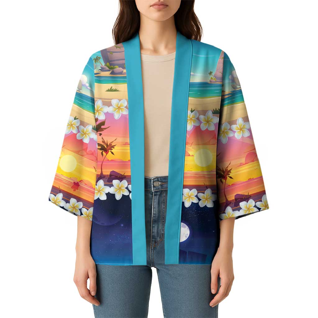 Hawaii Beach Landscape Time-Lapse Kimono Tropical Plumeria Flowers LT01 - Polynesian Pride
