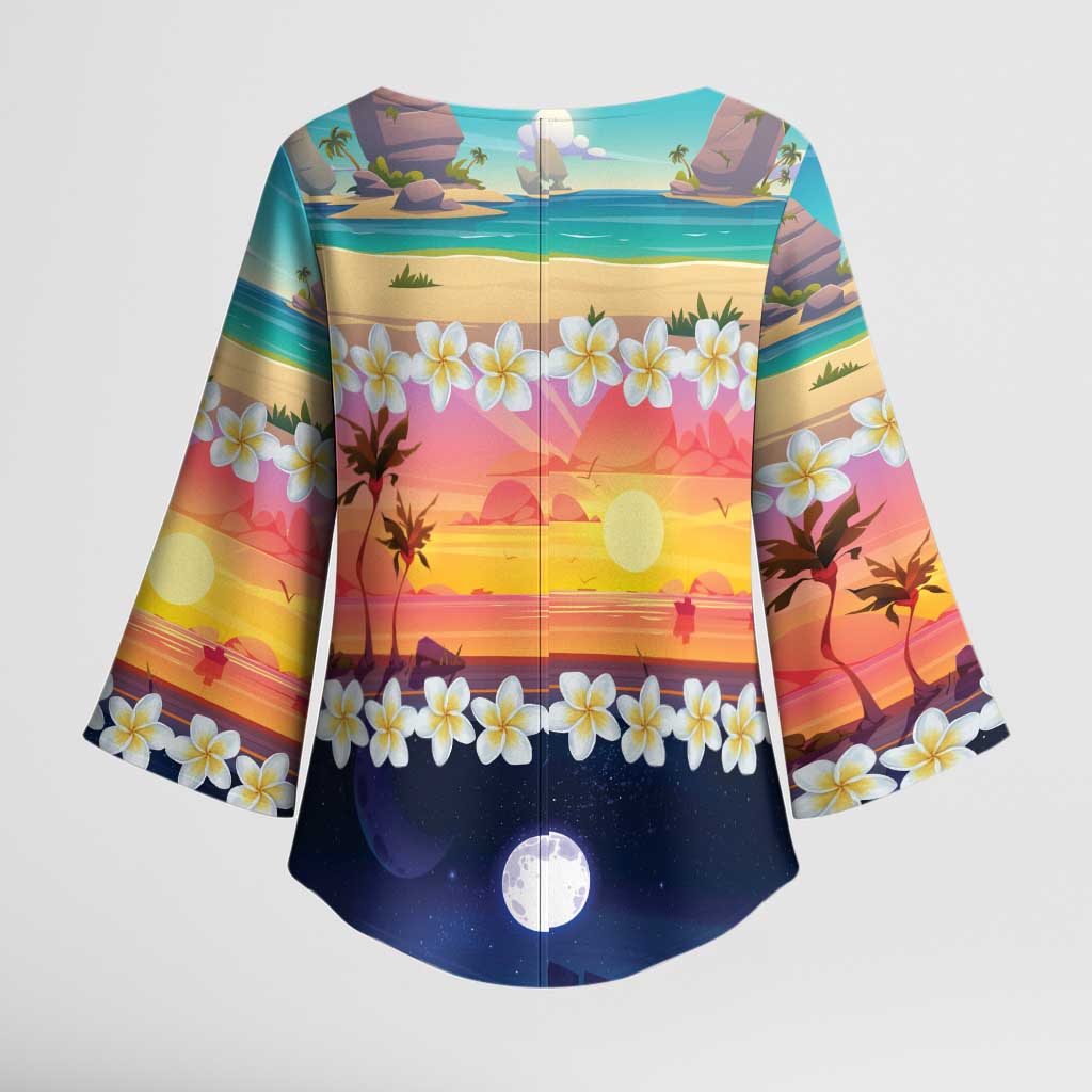 Hawaii Beach Landscape Time-Lapse Kimono Sleeve Blouse Tropical Plumeria Flowers LT01 - Polynesian Pride