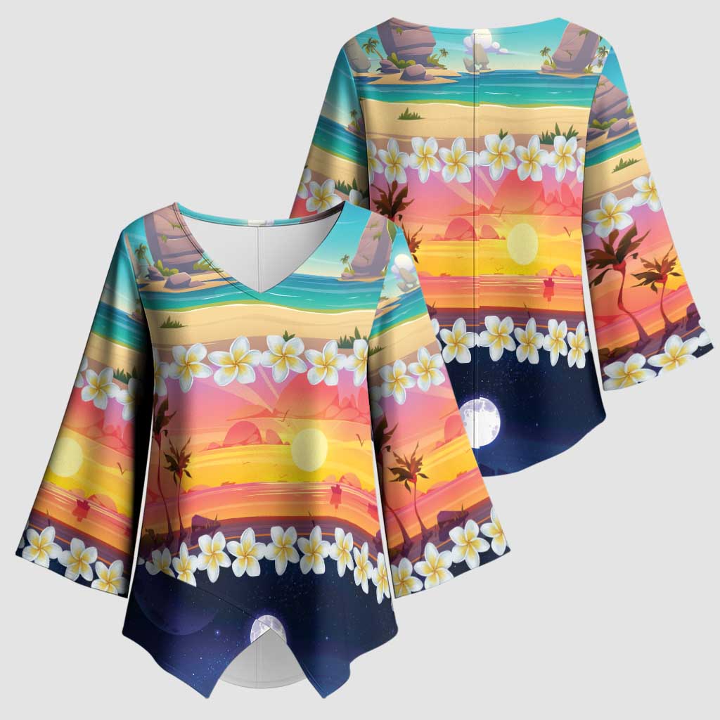 Hawaii Beach Landscape Time-Lapse Kimono Sleeve Blouse Tropical Plumeria Flowers LT01 - Polynesian Pride