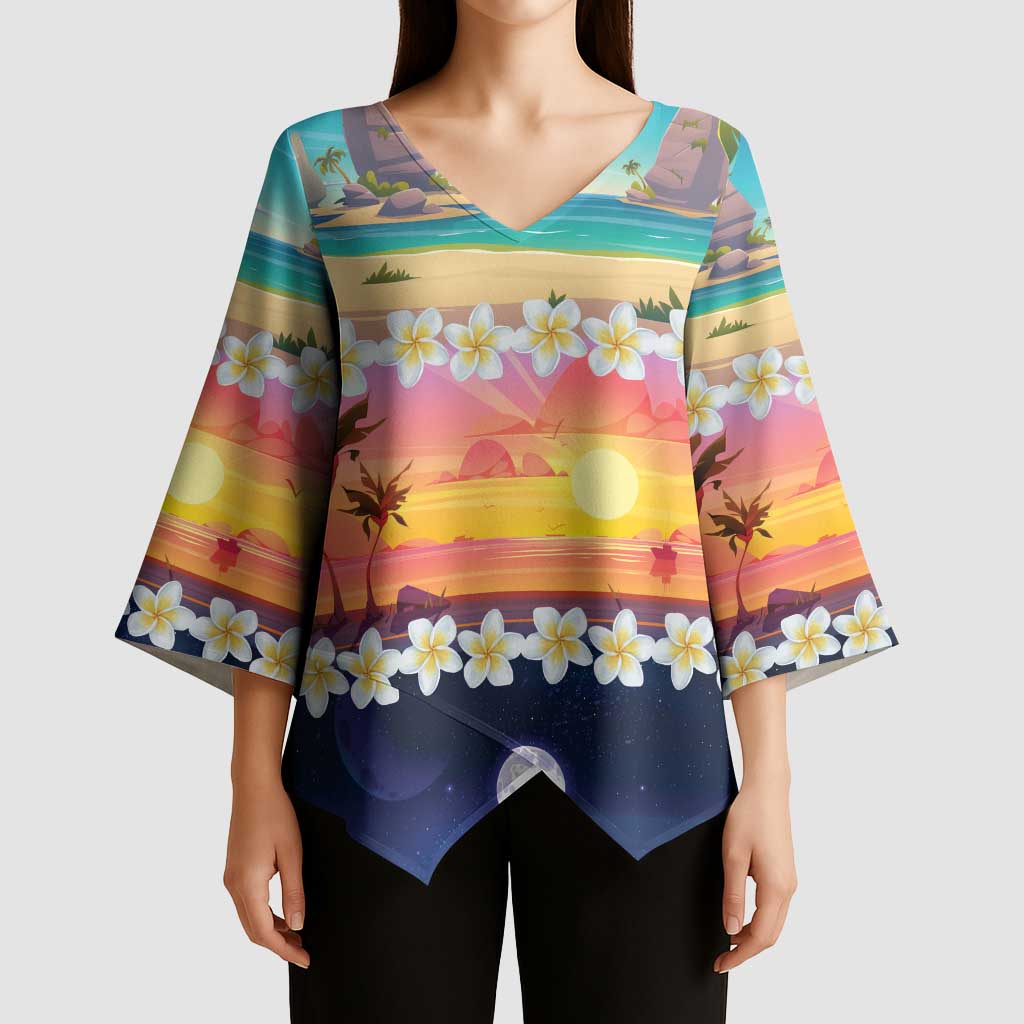 Hawaii Beach Landscape Time-Lapse Kimono Sleeve Blouse Tropical Plumeria Flowers LT01 - Polynesian Pride