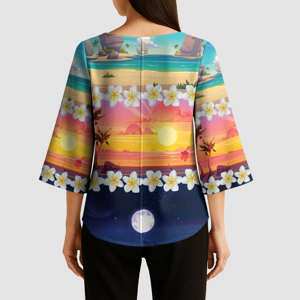 Hawaii Beach Landscape Time-Lapse Kimono Sleeve Blouse Tropical Plumeria Flowers LT01 - Polynesian Pride