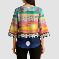 Hawaii Beach Landscape Time-Lapse Kimono Sleeve Blouse Tropical Plumeria Flowers LT01 - Polynesian Pride