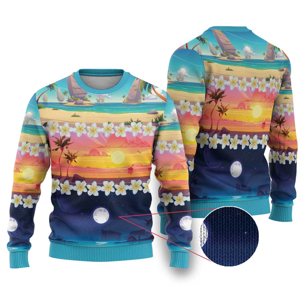 Hawaii Beach Landscape Time-Lapse Ugly Christmas Sweater Tropical Plumeria Flowers LT01 Multicolor - Polynesian Pride