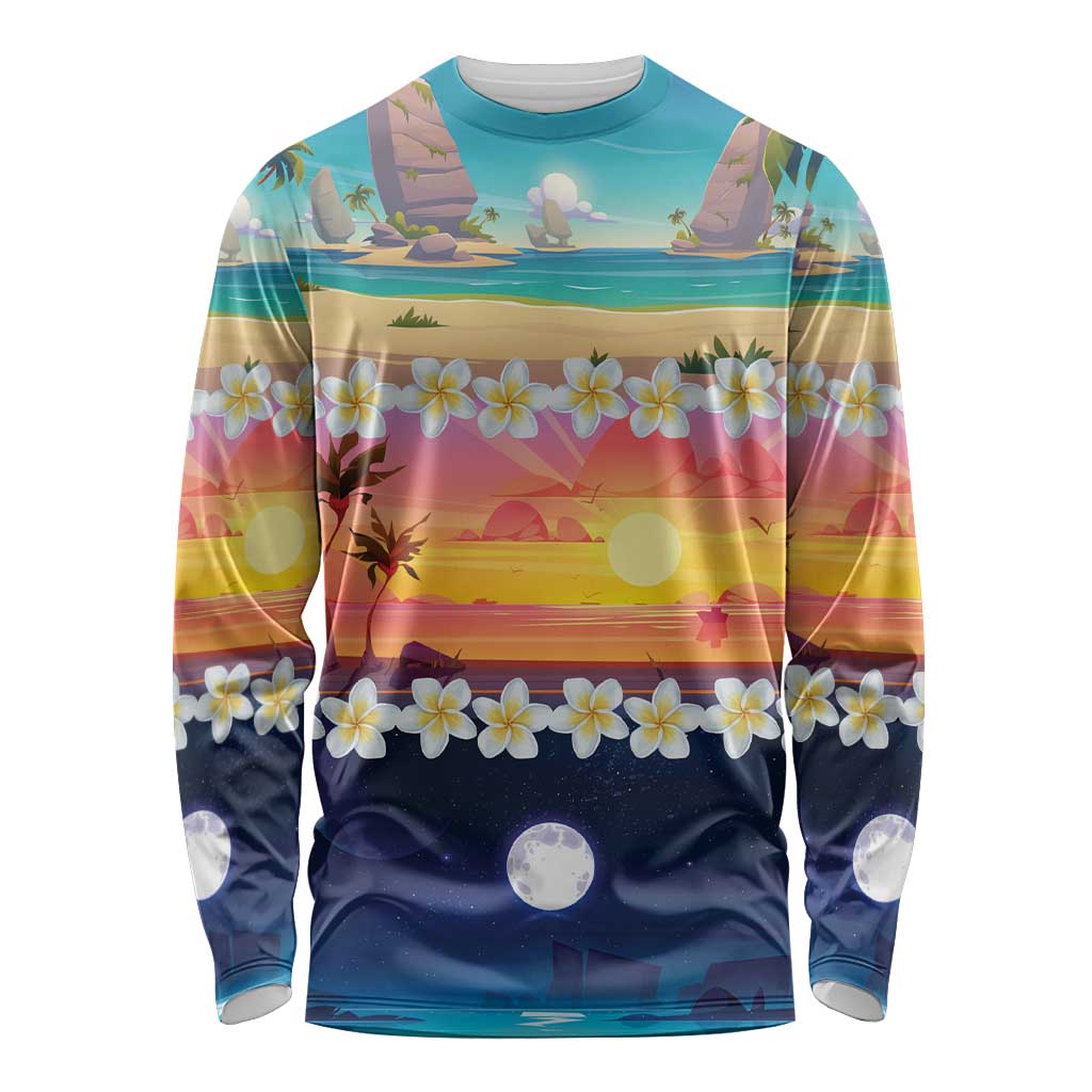 Hawaii Beach Landscape Time-Lapse Long Sleeve Shirt Tropical Plumeria Flowers LT01 Unisex Multicolor - Polynesian Pride