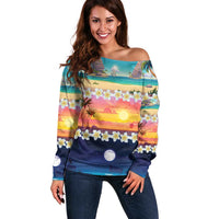 Hawaii Beach Landscape Time-Lapse Off Shoulder Sweater Tropical Plumeria Flowers LT01 Women Multicolor - Polynesian Pride