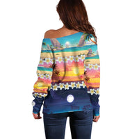 Hawaii Beach Landscape Time-Lapse Off Shoulder Sweater Tropical Plumeria Flowers LT01 - Polynesian Pride