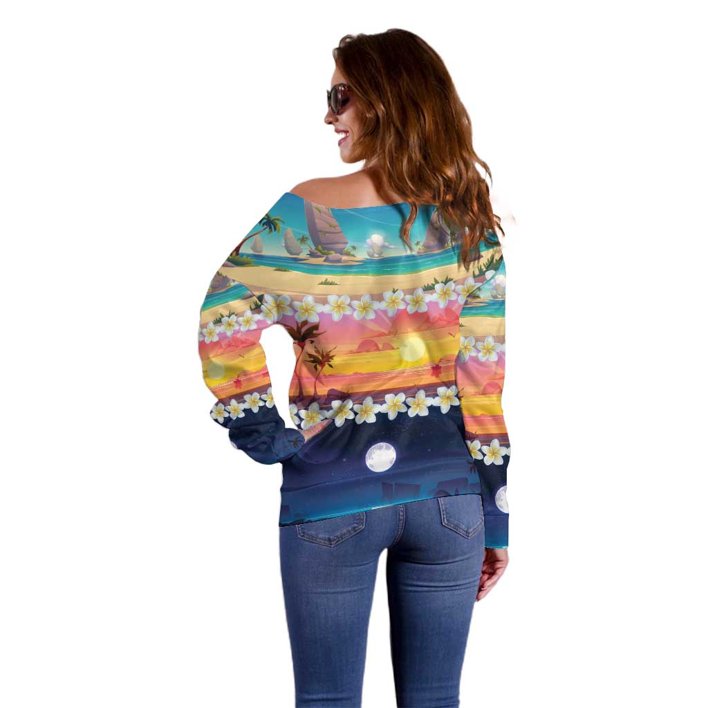 Hawaii Beach Landscape Time-Lapse Off Shoulder Sweater Tropical Plumeria Flowers LT01 - Polynesian Pride
