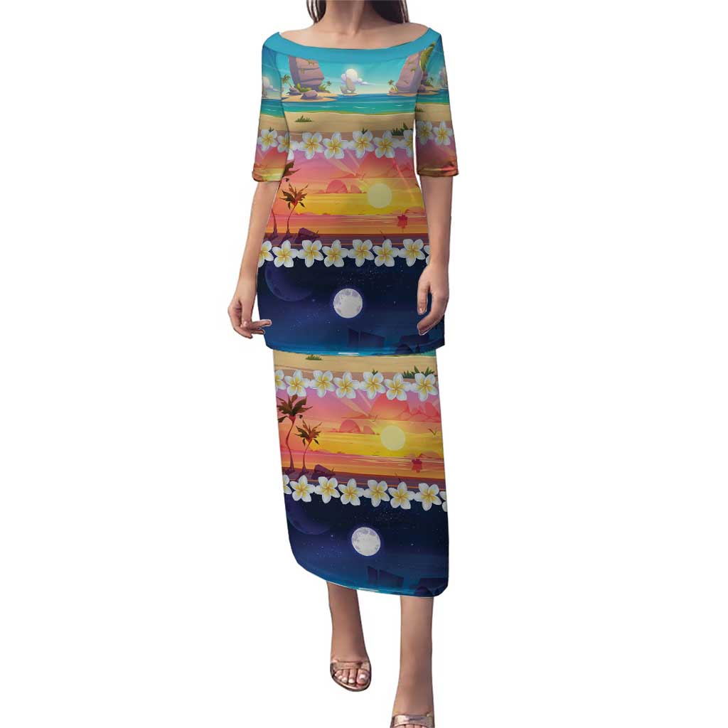 Hawaii Beach Landscape Time-Lapse Puletasi Tropical Plumeria Flowers LT01 Long Dress Multicolor - Polynesian Pride