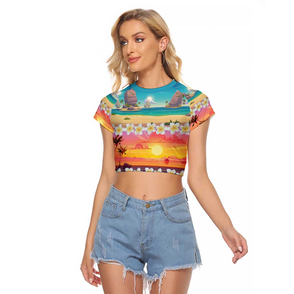 Hawaii Beach Landscape Time-Lapse Raglan Cropped T Shirt Tropical Plumeria Flowers LT01 Female Multicolor - Polynesian Pride