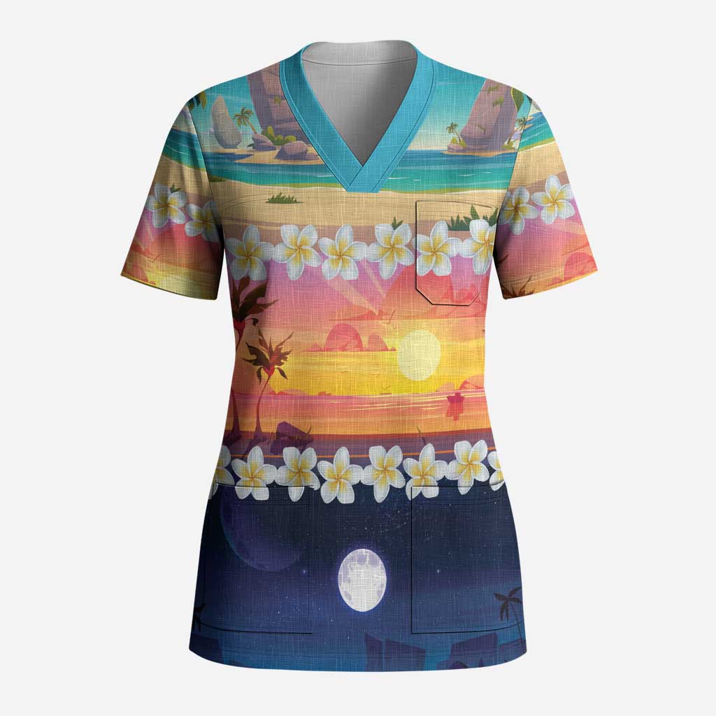 Hawaii Beach Landscape Time-Lapse Scrub Top Tropical Plumeria Flowers LT01 Adult Multicolor - Polynesian Pride