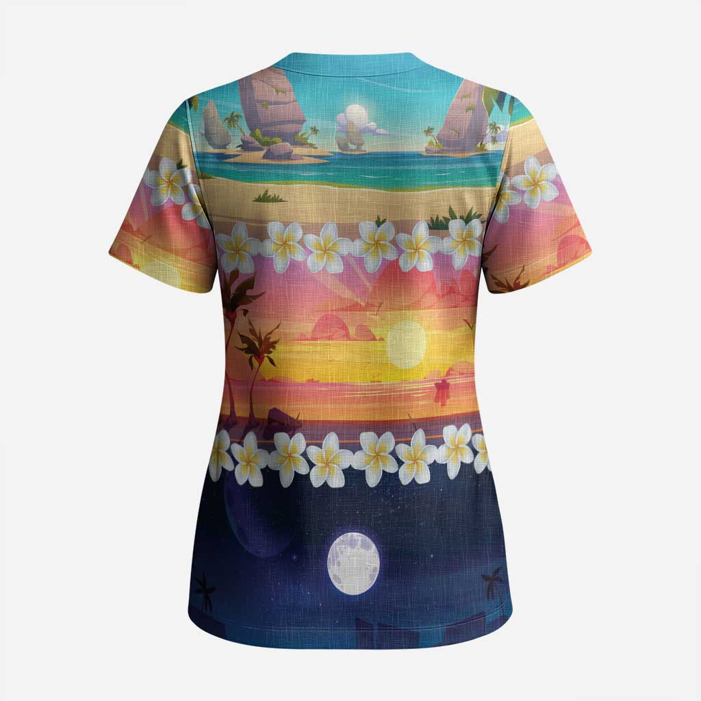 Hawaii Beach Landscape Time-Lapse Scrub Top Tropical Plumeria Flowers LT01 - Polynesian Pride