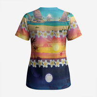 Hawaii Beach Landscape Time-Lapse Scrub Top Tropical Plumeria Flowers LT01 - Polynesian Pride
