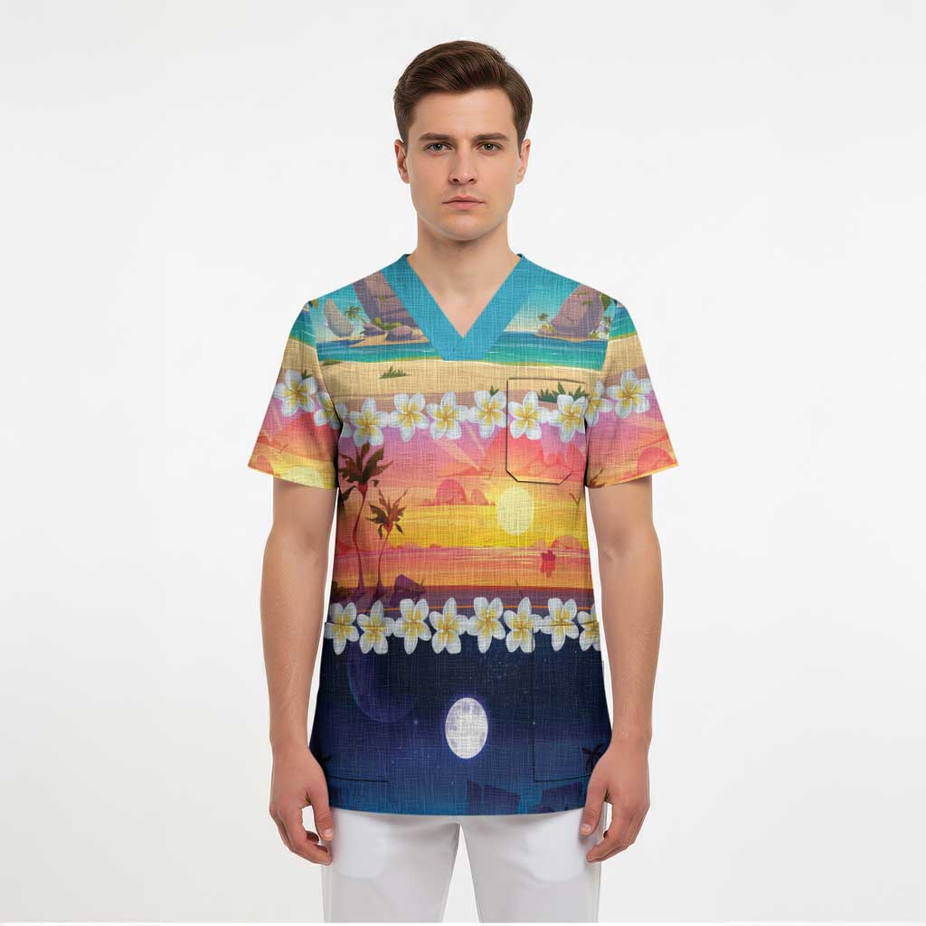 Hawaii Beach Landscape Time-Lapse Scrub Top Tropical Plumeria Flowers LT01 - Polynesian Pride