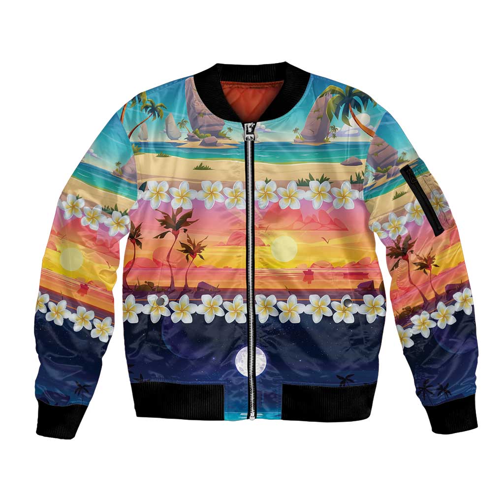 Hawaii Beach Landscape Time-Lapse Sleeve Zip Bomber Jacket Tropical Plumeria Flowers LT01 Unisex Multicolor - Polynesian Pride