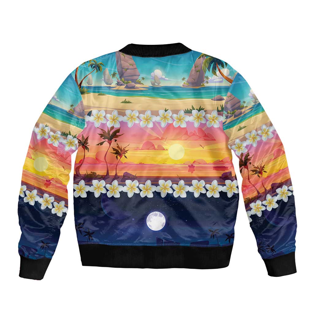 Hawaii Beach Landscape Time-Lapse Sleeve Zip Bomber Jacket Tropical Plumeria Flowers LT01 - Polynesian Pride