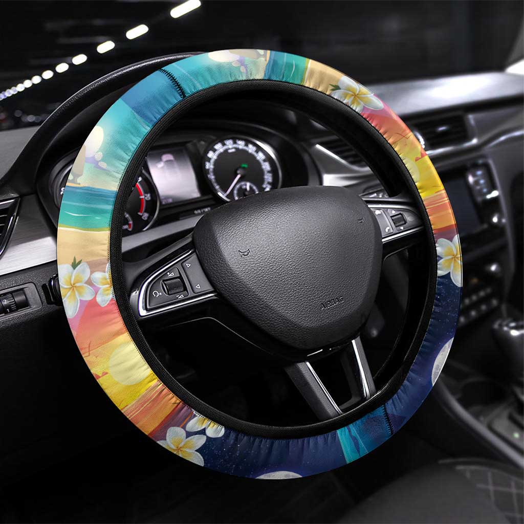 Hawaii Beach Landscape Time-Lapse Steering Wheel Cover Tropical Plumeria Flowers LT01 Universal Fit Multicolor - Polynesian Pride