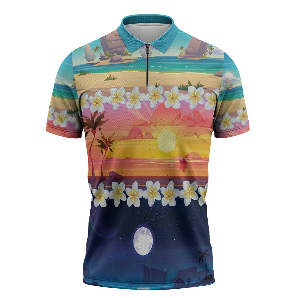 Hawaii Beach Landscape Time-Lapse Zipper Polo Shirt Tropical Plumeria Flowers LT01 Multicolor - Polynesian Pride
