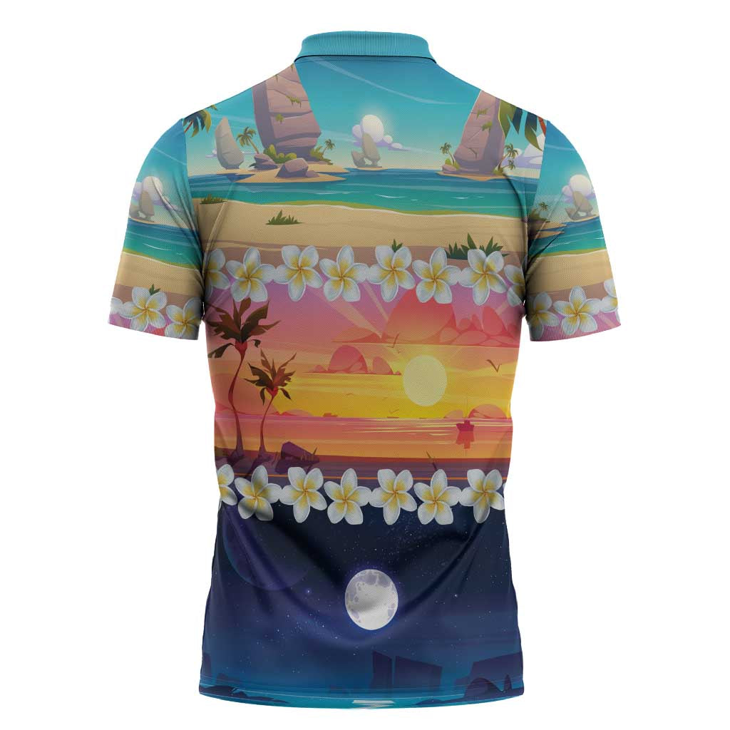 Hawaii Beach Landscape Time-Lapse Zipper Polo Shirt Tropical Plumeria Flowers LT01 - Polynesian Pride