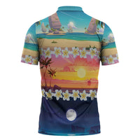 Hawaii Beach Landscape Time-Lapse Zipper Polo Shirt Tropical Plumeria Flowers LT01 - Polynesian Pride