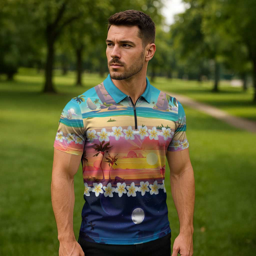 Hawaii Beach Landscape Time-Lapse Zipper Polo Shirt Tropical Plumeria Flowers LT01 - Polynesian Pride