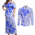 Fiji Masi With Hibiscus Tapa Tribal Couples Matching Off Shoulder Maxi Dress and Long Sleeve Button Shirt Blue Pastel LT01 Blue - Polynesian Pride