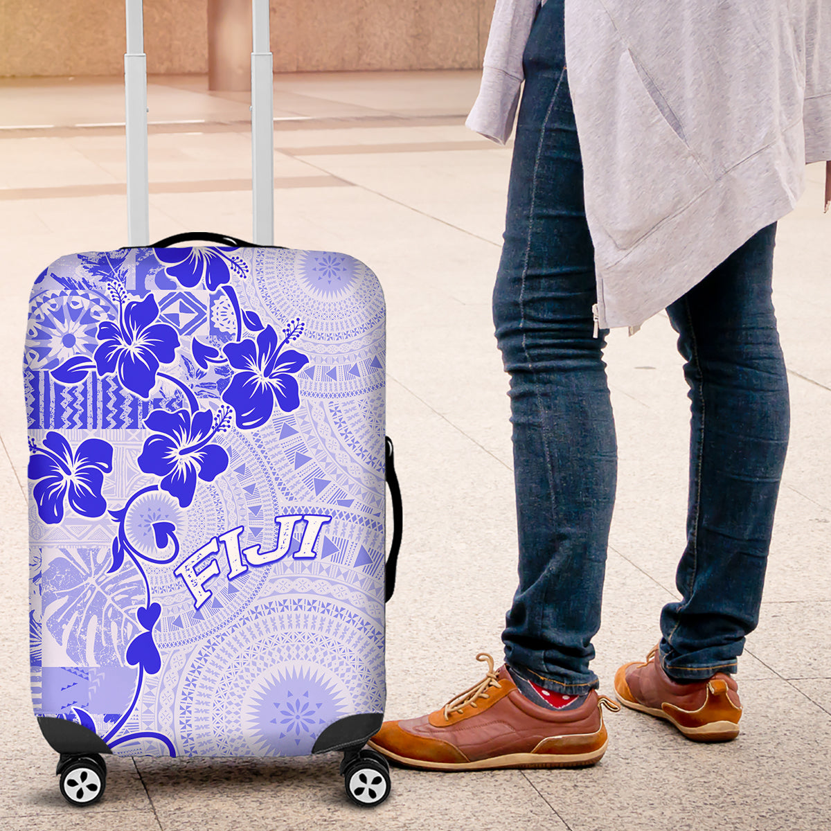 Fiji Masi With Hibiscus Tapa Tribal Luggage Cover Blue Pastel LT01 Blue - Polynesian Pride