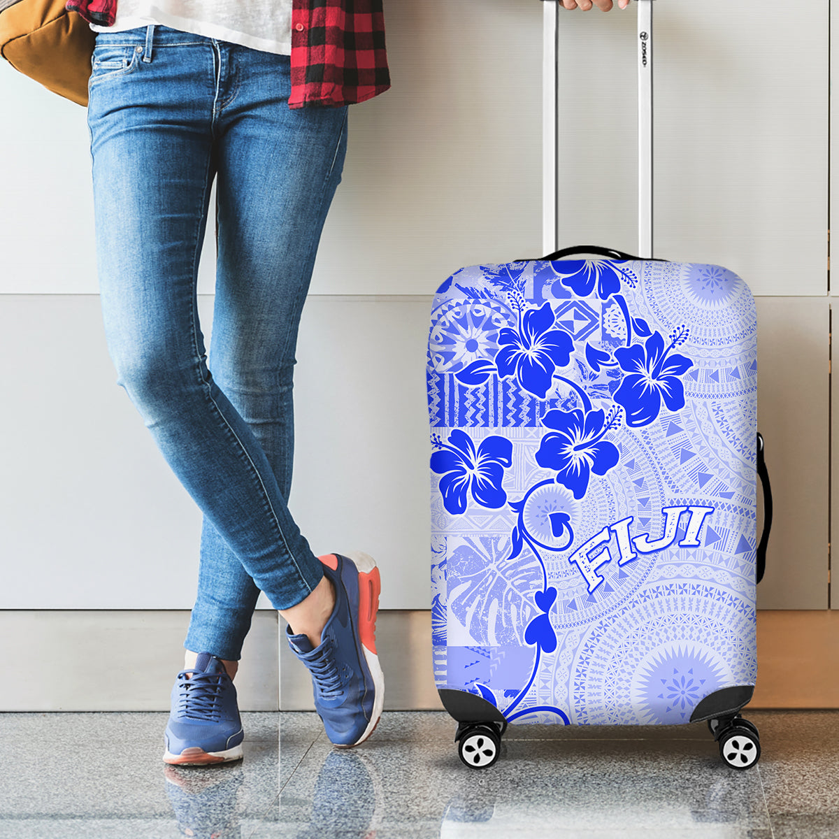 Fiji Masi With Hibiscus Tapa Tribal Luggage Cover Blue Pastel LT01 - Polynesian Pride