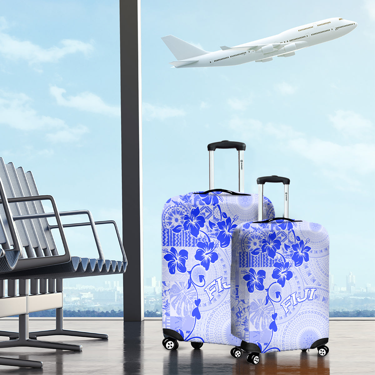 Fiji Masi With Hibiscus Tapa Tribal Luggage Cover Blue Pastel LT01 - Polynesian Pride